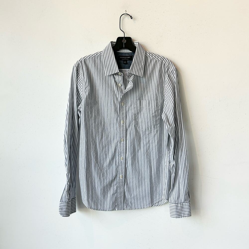 S Banana Republic White-Blue Stripe Organic Cotton Shirt